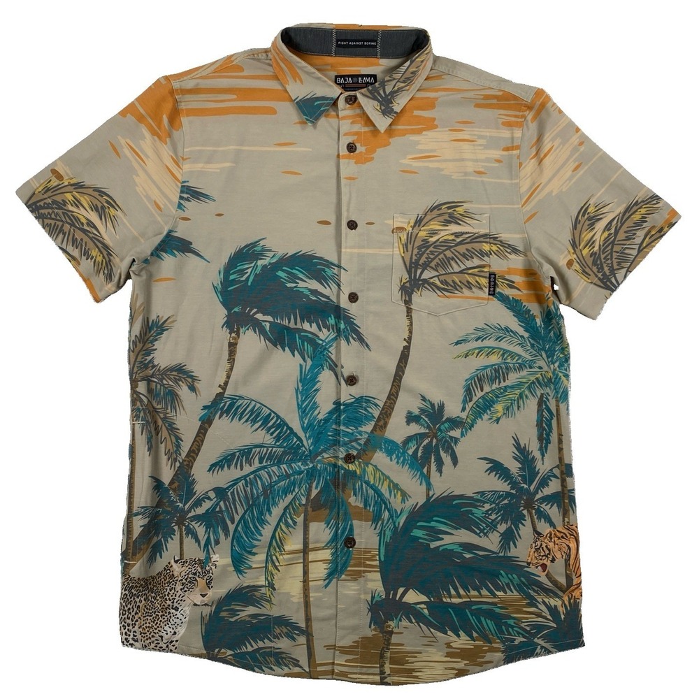 BAJA LLAMA Vagabond Button Up Shirt Men's Large Short Sleeve 2 CATS NO RATS